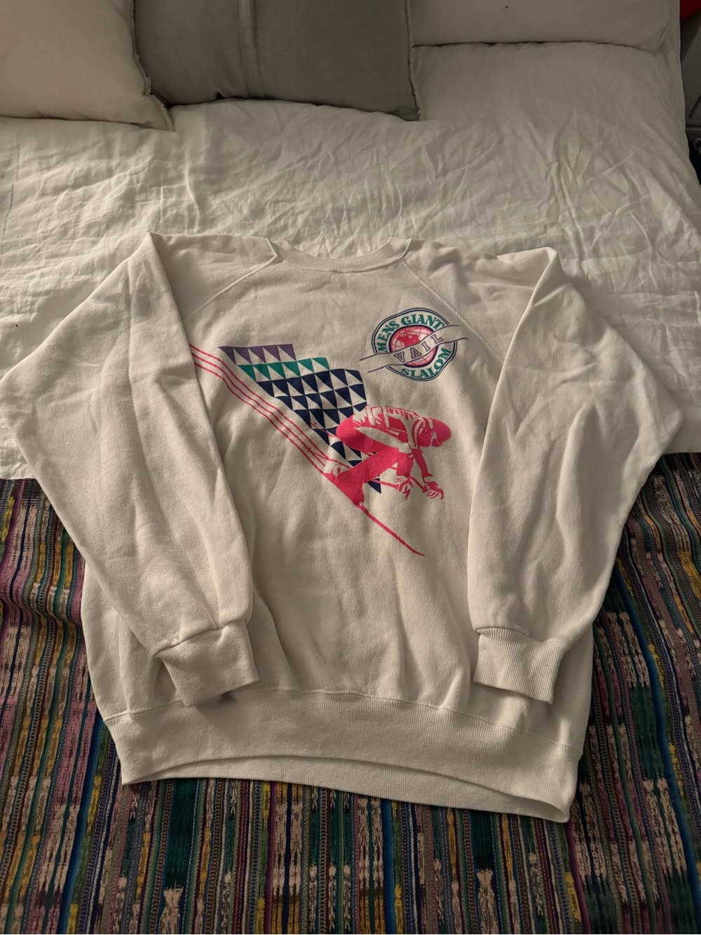 Vintage White Sweatshirt with Pink & Teal Graphic
